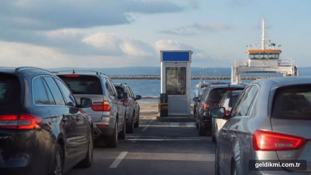 Feribot iskelesi girişinde gişe önünde sıra bekleyen otomobiller
