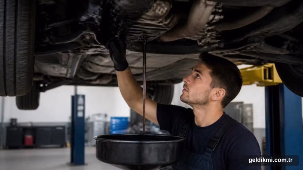Lifte kaldırılmış otomobilin altından motor yağını boşaltan usta