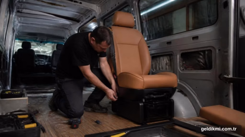 Atölyede boşaltılmış minibüse deri VIP koltuk monte eden usta